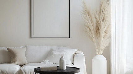 Poster - Vase with pampas grass and black round coffee table near white sofa, big square art poster frame on white wall, japandi interior design of modern living room