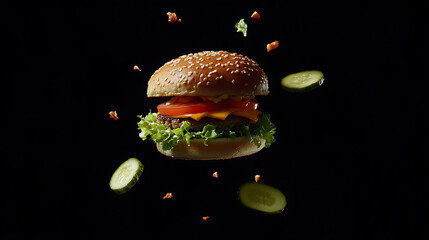 Poster - Veggie burger with vegan cheese, vegetable burger, pickle slices and salad on black background, classic bun with sesame seeds