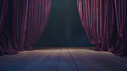 Fototapete - Velvet curtains and wooden stage floor, illustration