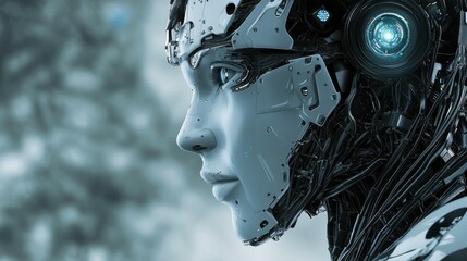 Poster - The Cyborg's Gaze, Futuristic Portrait of Artificial Intelligence