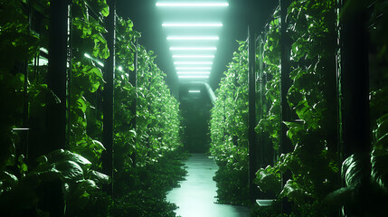 Poster - Vertical farming setup showcasing lush green plants growing in a soil-less hydroponic system with nutrient-rich water, under artificial led lighting, representing sustainable agriculture technology