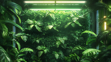 Aufkleber - Vertical farming setup showcasing lush green plants growing in a soil-less hydroponic system with nutrient-rich water, under artificial led lighting, representing sustainable agriculture technology