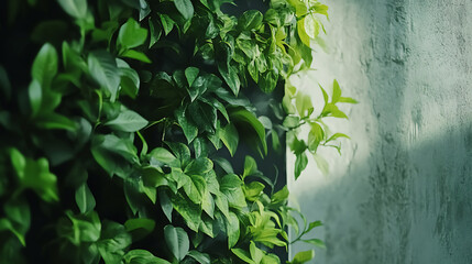 Poster - Vertical garden with diverse plants on a modern wall, showcasing urban greenery