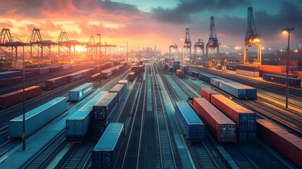 Poster - Freight transport operations at sunset container port aerial view industrial environment logistics concept