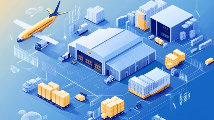 Poster - Logistics action freight management at distribution center digital illustration urban environment aerial view supply chain concept