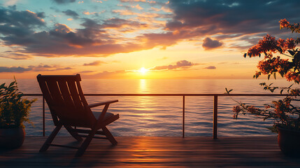 Poster - View of the sunset over the sea from the wooden veranda with an armchair