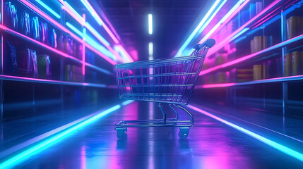 Fototapete - Virtual shopping cart background in neon light