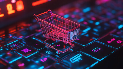 Poster - Virtual shopping cart on top of laptop computer in online shopping concept