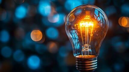 Poster - Glowing light bulb illuminates creativity in modern workspace close-up photography vibrant colors artistic environment