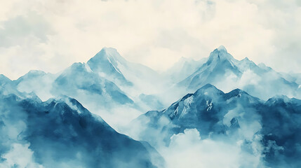 Aufkleber - Watercolor mountain landscape with sun, digital art painting