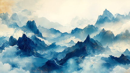 Aufkleber - Watercolor mountain background, luxurious mountainous terrain in oriental style