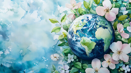 Poster - Watercolor painting of earth with leaves and flowers