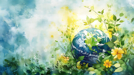 Poster - Watercolor painting of earth with leaves and flowers