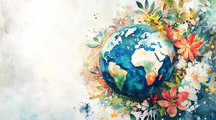 Poster - Watercolor painting of earth with leaves and flowers