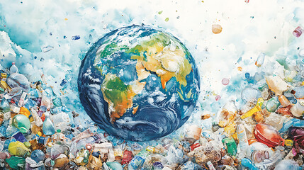 Poster - Watercolor poster illustration for earth day with one half of planet earth full of plastic waste