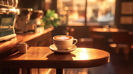Poster - Web banner of coffee cappuccino with latte art on table in coffee shop