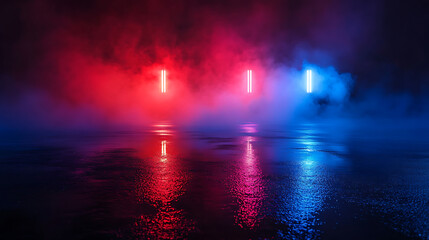 Poster - Wet asphalt, reflection of neon lights, a searchlight, smoke, abstract light in a dark empty street with smoke, smog, dark background scene of empty street, night view, night city