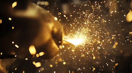 Poster - welding workshop, closeup shot of a welder wearing protective gear, with sparks flying in the air