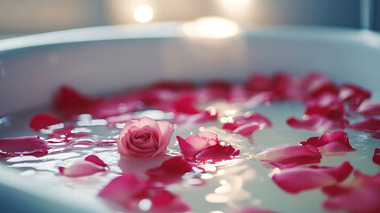 Aufkleber - White bath with milk and rose petals, relaxation and harmony