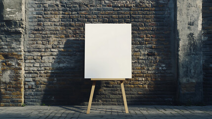Poster - White blank poster on a wooden stand in front of a brick wall