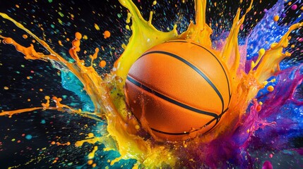 Poster - A basketball exploding in a vibrant rainbow paint splash against a black background.