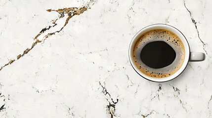 Poster - White cup of black espresso coffee on white textured marble background, close-up shot, top view