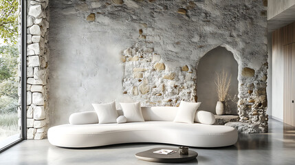 Poster - White curved sofa against wall with stone structure, loft style home interior design of modern living room