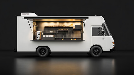 Aufkleber - White food truck with kitchen on black background