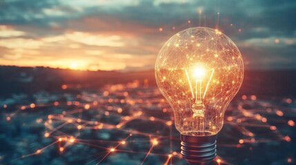 Poster - Illuminating ideas light bulb at sunset over cityscape artistic photography urban environment creative concept