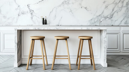 Poster - White scandinavian interior design of kitchen with marble island and wooden stools