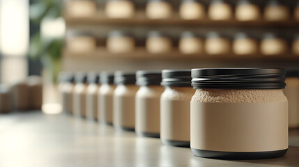 Poster - Wide photo of blank modern protein powder jars prominently placed in the foreground, adopting a gym steel and protein beige color scheme