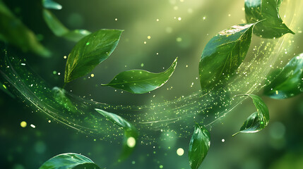 Aufkleber - Wind swirls with green leaves and sparkles isolated, 3d illustration