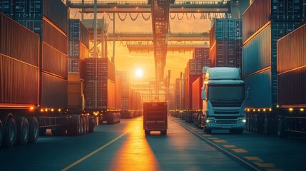 Poster - Cargo transportation action at port industrial environment sunset view logistics concept for supply chain optimization