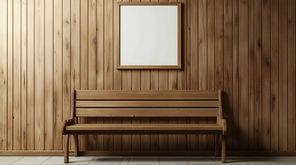 Poster - Wooden bench near wood lining paneling wall with blank mock up poster frame, farmhouse interior design of modern entrance hall
