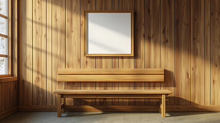 Poster - Wooden bench near wood lining paneling wall with blank mock up poster frame, farmhouse interior design of modern entrance hall