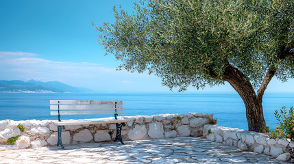 Poster - Wooden bench on summer white stone terrace and olive tree, stunning sea view background, summer vacation concept
