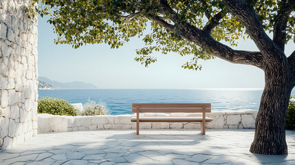 Poster - Wooden bench on summer white stone terrace and olive tree, stunning sea view background, summer vacation concept