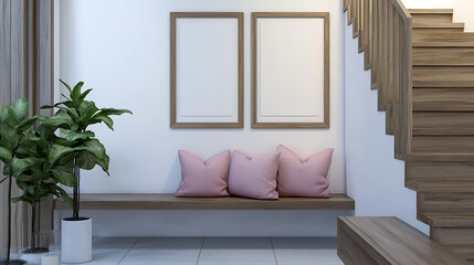 Poster - Wooden bench with pink pillows near staircase against white wall with three poster frame, scandinavian style interior design of modern entrance hall