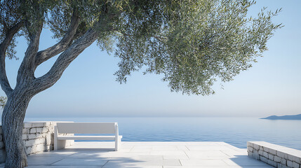 Aufkleber - Wooden bench on summer white stone terrace and olive tree, stunning sea view background, summer vacation concept