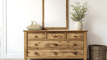 Poster - Wooden chest of drawers and art poster on white wall, interior design of modern rustic living room