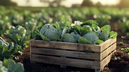 Poster - Wooden crate with cabbage in the field