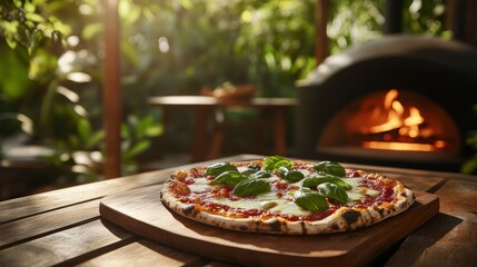 Poster - Delicious margarita pizza on wooden board, outdoor setting with wood-fired oven.