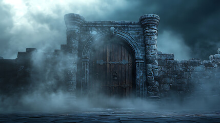 Poster - Wooden gate in dim clouds in an empty room, portal to another world, magical realism, parallel world, ancient runes, relics, gate to the castle