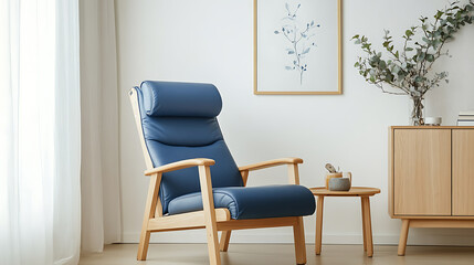 Poster - Wooden recliner chair with blue leather cushion near cabinet and side table against white wall with poster frame, scandinavian or mid-century interior design of modern living room