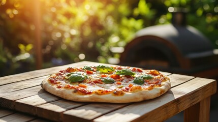 Poster - Delicious homemade pizza with basil on a wooden table outdoors in sunlight.