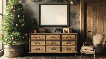 Poster - Wooden rustic chest of drawers near wall with blank poster frame with copy space, interior design of modern living room