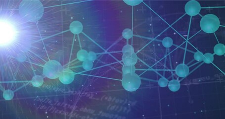 Poster - In animation, blue molecular structure glowing over scientific data background