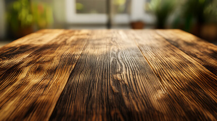Poster - Wooden table with blurred background at the cafe