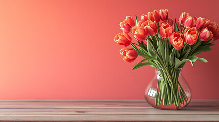 Aufkleber - Wooden table with glass vase with bouquet of tulips flowers near empty, blank coral wall, home interior background with copy space