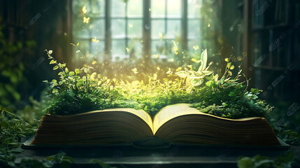 Poster - World book day, fantasy and literature concept, magic book with fantastic plants inside